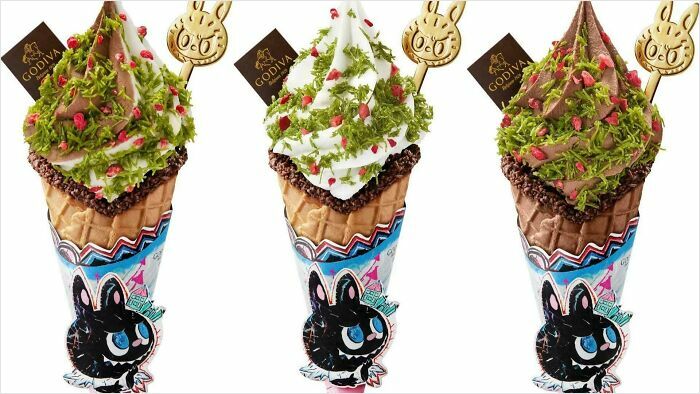 Three unique ice cream cones decorated with green herbs, red sprinkles, and chocolate pieces, showcasing nonsensical food creations.