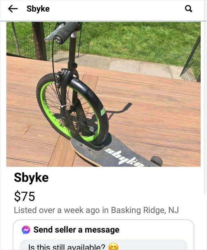 Unicycle with skateboard deck hybrid, showcasing one green wheel and black frame on wooden deck outdoors.