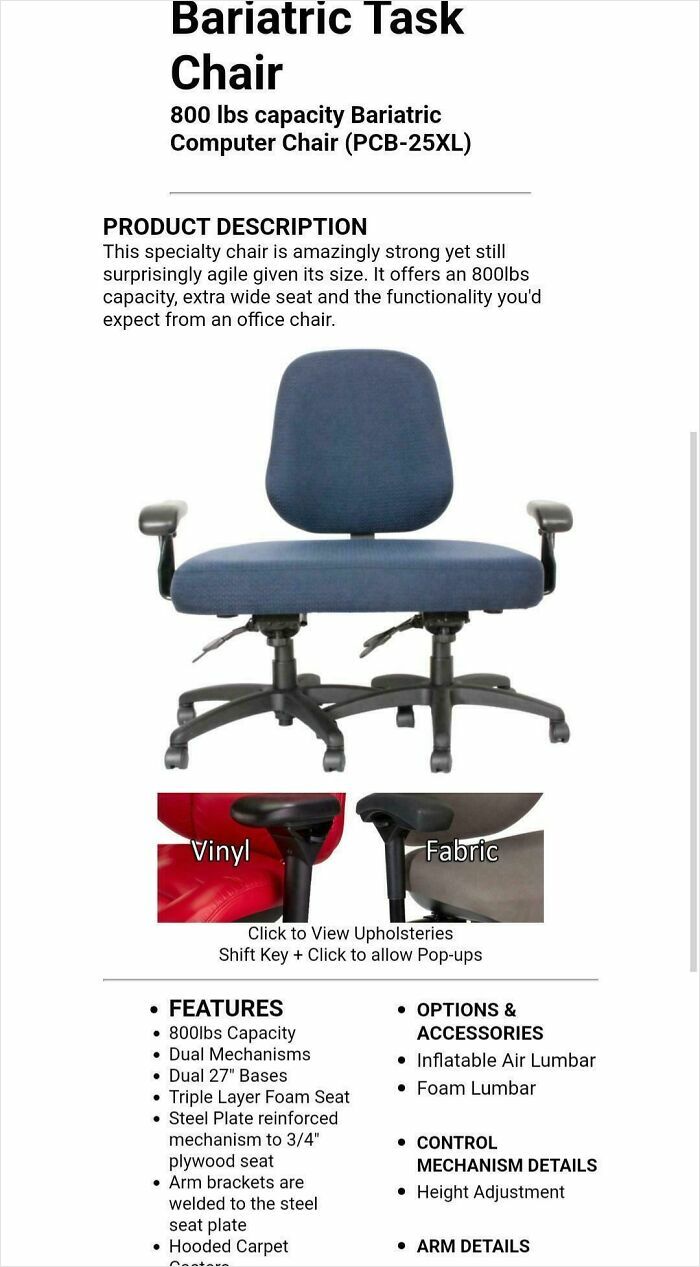 Bariatric task chair featuring 800 lbs capacity, dual mechanisms, wide seat, and multiple upholstery options for office use.