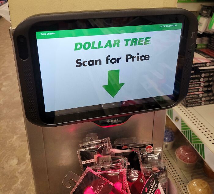 Dollar Tree price scanner with beauty products below, showcasing one of the most nonsensical things that actually exist.