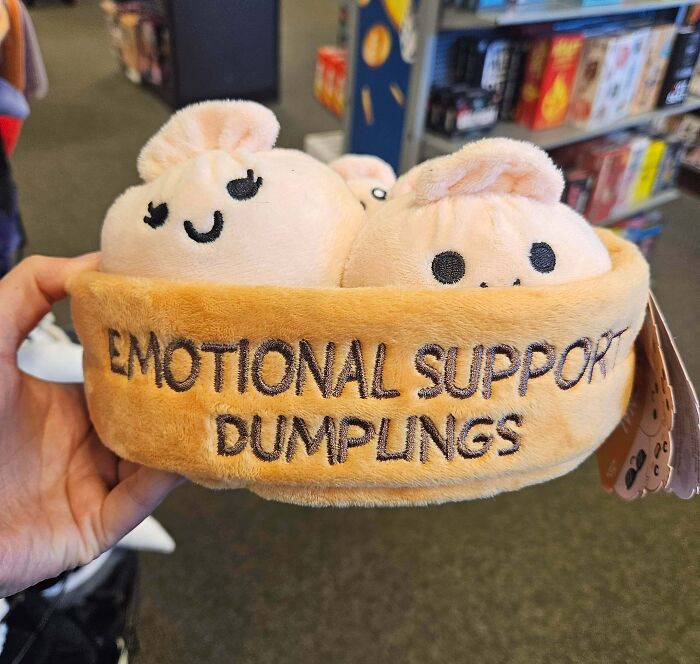 Plush emotional support dumplings toy featuring cute smiling faces held in hand inside a store with shelves in background.