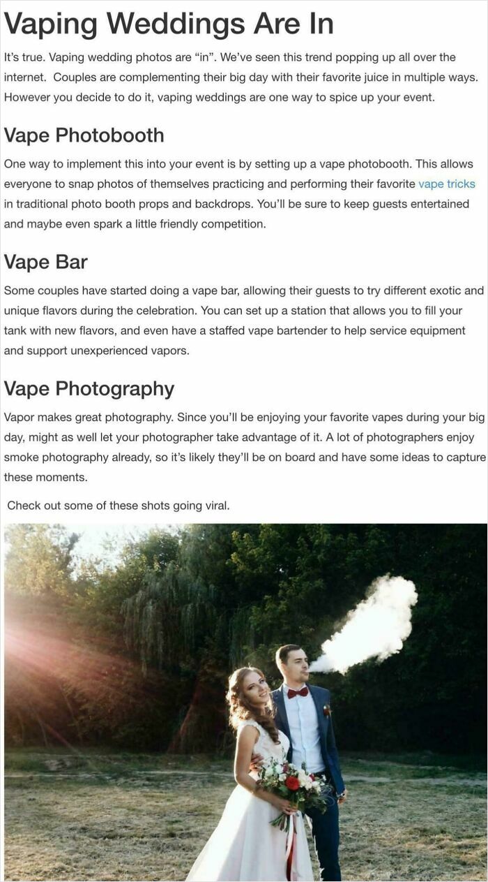 Bride and groom at a vaping wedding, with the groom exhaling a large vape cloud outdoors in a wooded area.