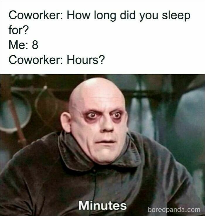 Tired man with dark circles humorously answers coworker about sleep, illustrating pain of work memes during coffee breaks.