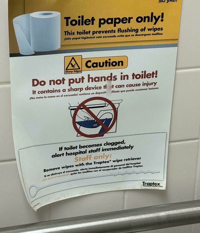 Warning sign in a bathroom about sharp edges inside the toilet, highlighting nonsensical things that actually exist.