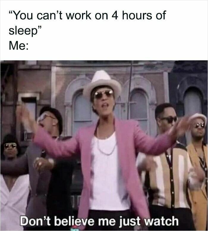 Man in white hat and pink jacket dancing confidently with friends, humorously representing work memes about lack of sleep.