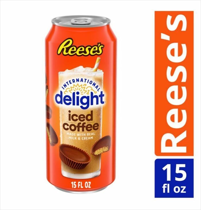Reese's International Delight iced coffee can featuring peanut butter cup design, a nonsensical thing that actually exists.