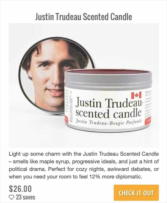 Justin Trudeau scented candle with maple syrup scent, political drama notes, and quirky novelty gift idea from nonsensical things.