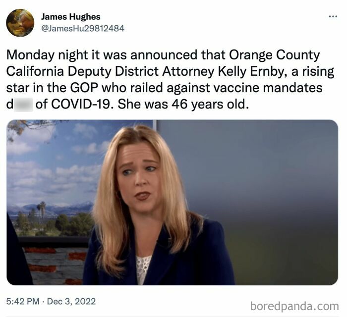 Tweet screenshot discussing a deputy district attorney who faced consequences relating to COVID-19 actions.