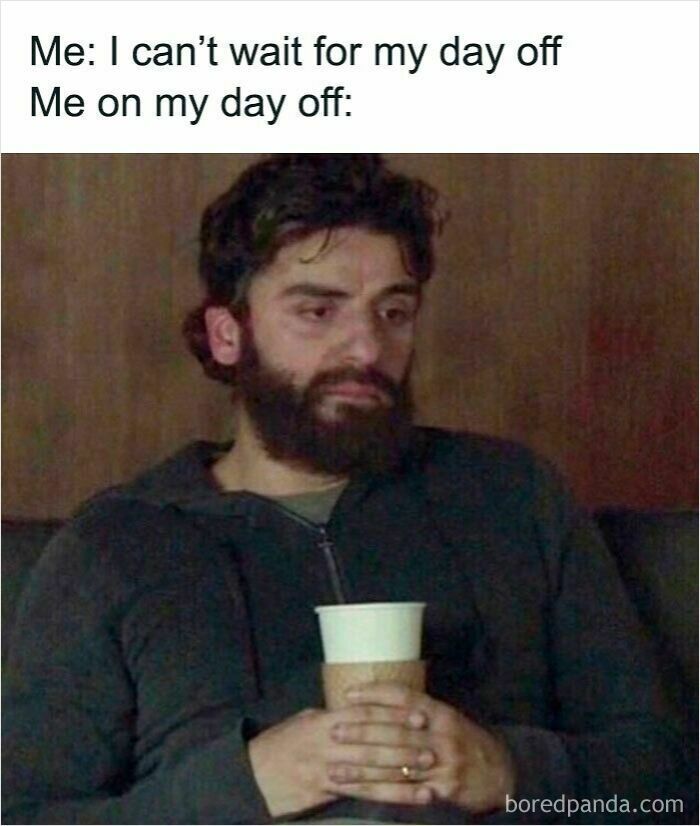 Man with beard looking tired and holding a cup, illustrating relatable work memes about day off feelings.