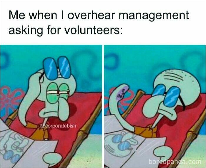 Squidward from Spongebob meme showing reluctance, illustrating pain and humor in work memes.
