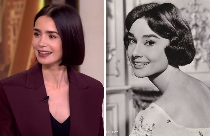 Side-by-side images of a celebrity and her historical counterpart, showcasing striking resemblance and acting potential.