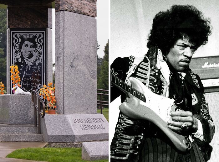 Memorial site of famous musician Jimi Hendrix with visitors paying tribute at the celebrity grave location.
