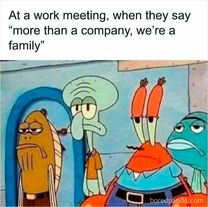 Displeased cartoon characters at work meeting meme illustrating spot-on work memes and office humor on coffee break.