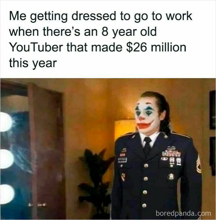 Man dressed as Joker in military uniform, caption about work and an 8-year-old YouTuber earning millions.