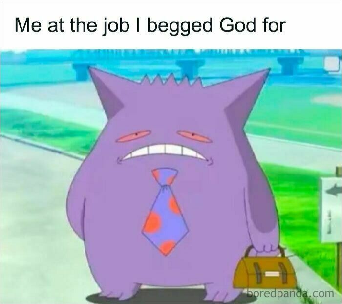 Gengar cartoon character in a tie and briefcase looking tired and stressed, depicting work memes humor during coffee breaks.