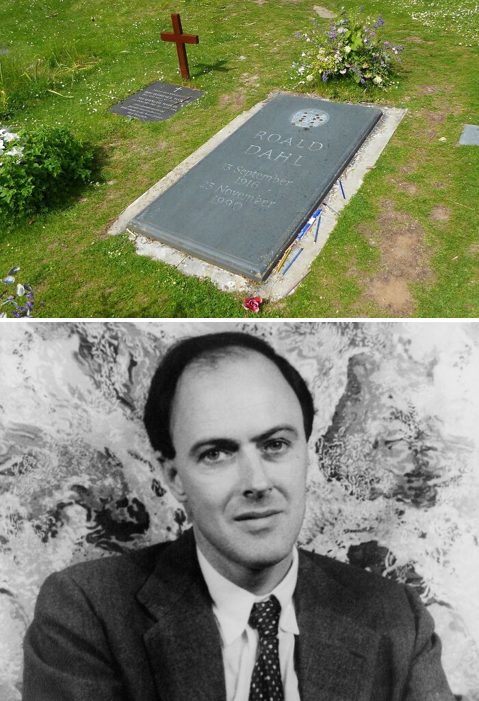 Roald Dahl’s celebrity grave surrounded by flowers, a notable site attracting visitors from around the world.