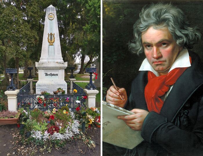 Beethoven’s grave surrounded by flowers in a park and a portrait of him composing music with intense focus