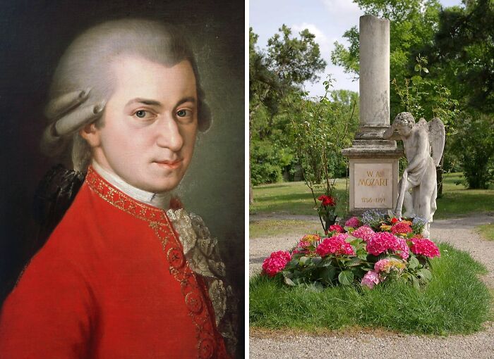 Portrait of Mozart in red coat next to his celebrity grave adorned with flowers and an angel statue outdoors.