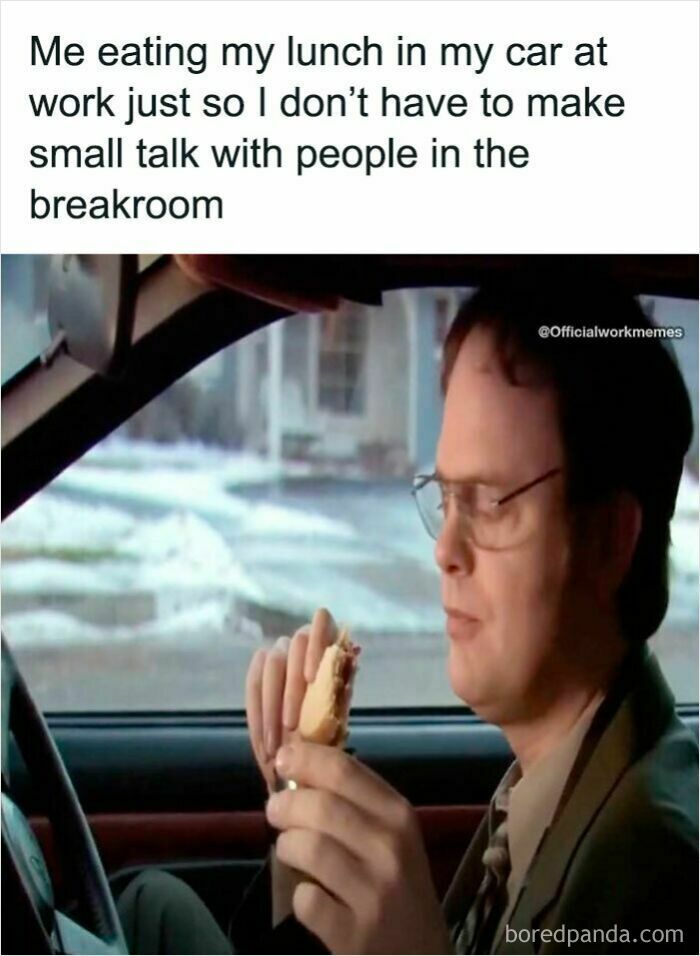 Man eating lunch alone in car at work to avoid small talk, a relatable work meme for coffee break humor.
