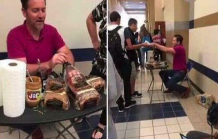Teacher making peanut butter and jelly sandwiches for students to support them before their AP test, heartwarming story.