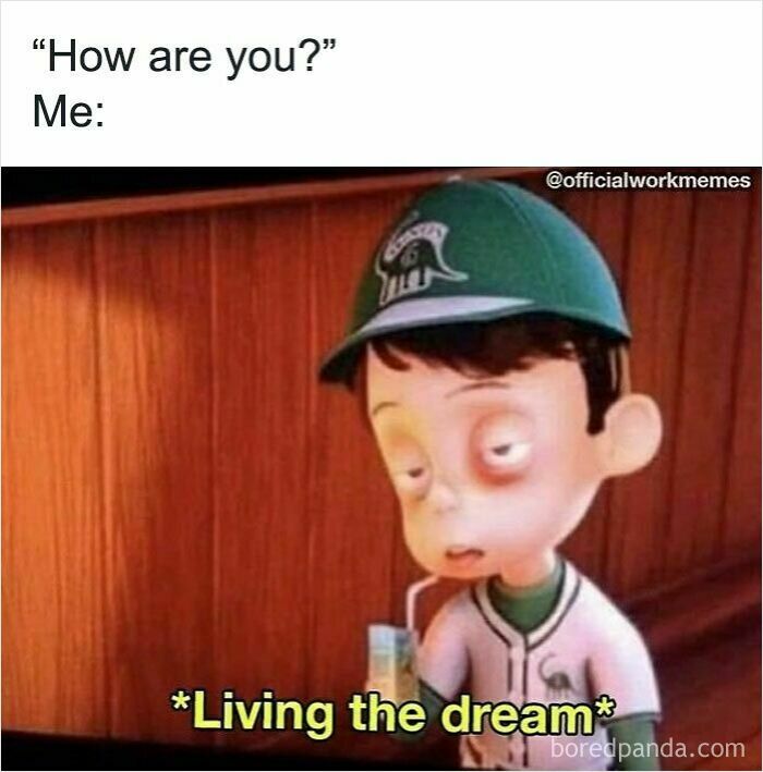 Tired animated character in a baseball uniform with a drink, illustrating spot-on work memes about exhaustion at work.