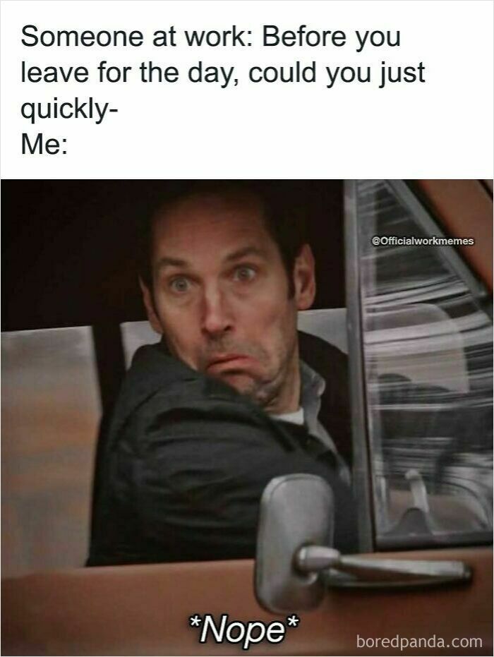 Man in car making a funny face with caption about work showing refusal to stay late, relatable work memes content.