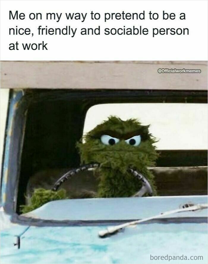 Angry character driving a car, caption about pretending to be friendly at work, relatable work memes humor.