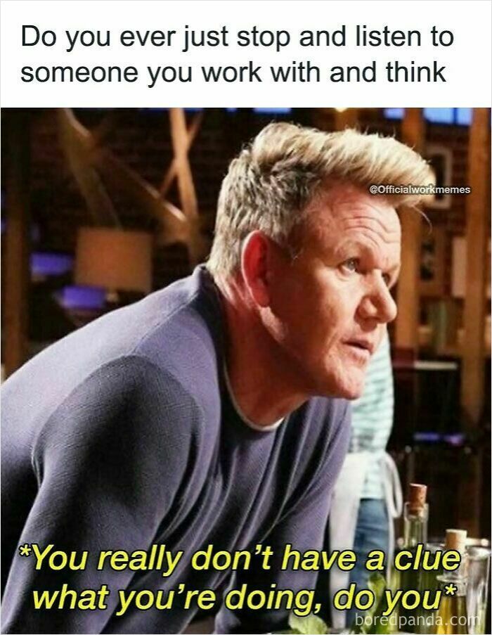 Gordon Ramsay looking serious with a work meme about not having a clue, highlighting spot-on work memes.