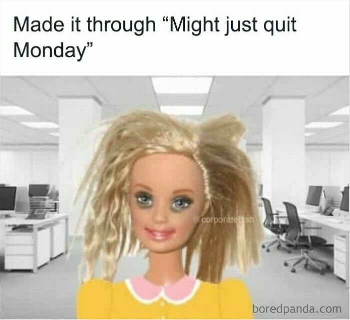 Disheveled doll with messy hair and makeup in an office setting, capturing the humor of work memes.