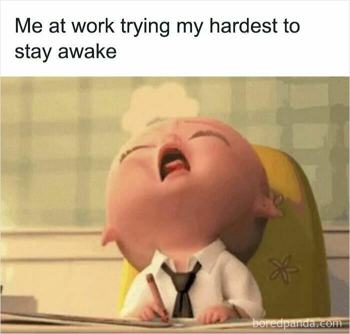 Animated tired character in office attire struggling to stay awake, illustrating work memes and coffee break exhaustion.