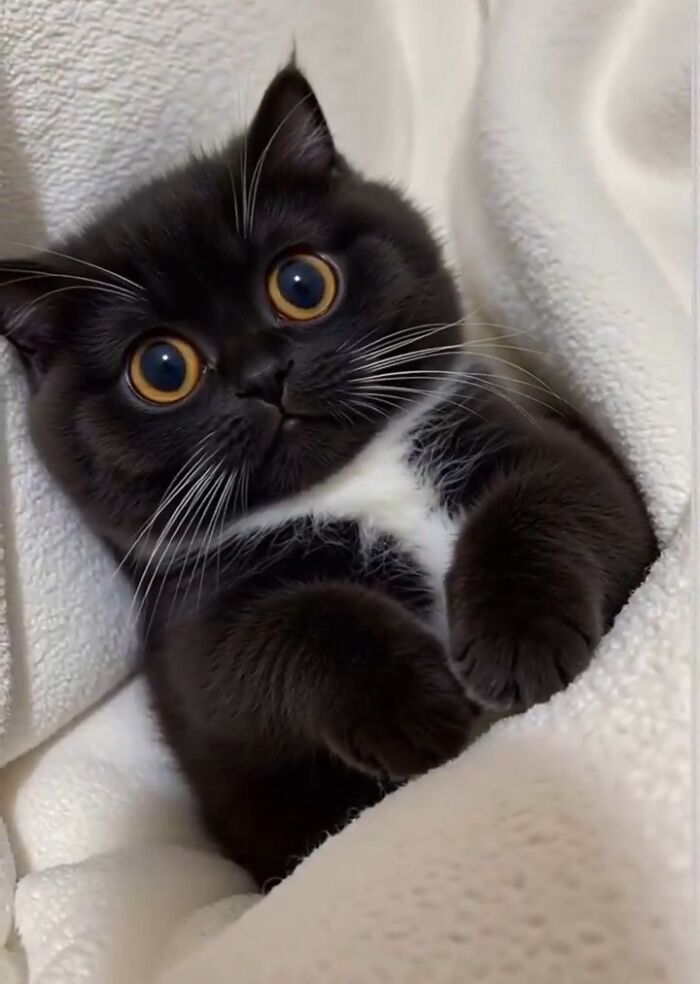 Black and white cat with large amber eyes snuggled in a soft white blanket, showcasing an immaculate aura and charm.