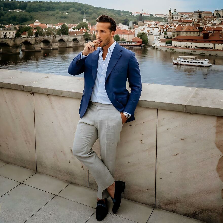 Tristan Tate in a blue blazer and light pants smoking a cigar by a river, highlighting Tristan Tate net worth in 2025 factors.
