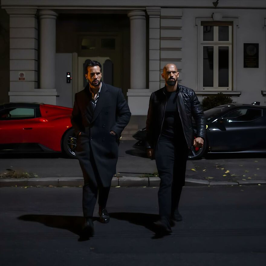Tate brothers walking at night in front of luxury cars, illustrating legal turmoil affecting Tristan Tate&rsquo;s net worth in 2025.