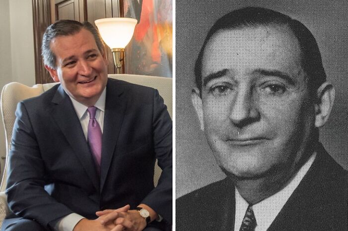 Split image showing a modern man in a suit on the left and his historical counterpart in a vintage portrait on the right, celebrities historical counterparts.