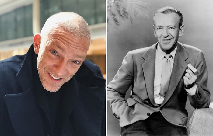 Split image showing a modern celebrity and his historical counterpart, illustrating celebrities playing historical counterparts.