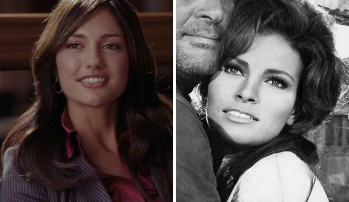 Two side-by-side portraits of female celebrities resembling their historical counterparts in classic and modern styles.