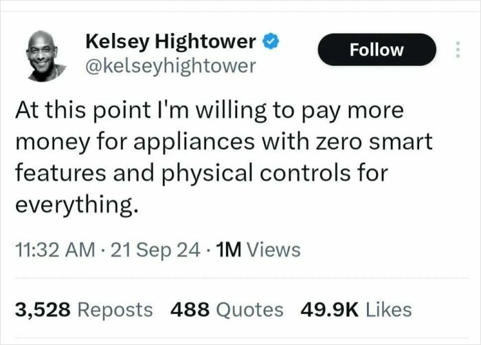 Tweet by Kelsey Hightower expressing preference for appliances with no smart features, reflecting men humor memes.