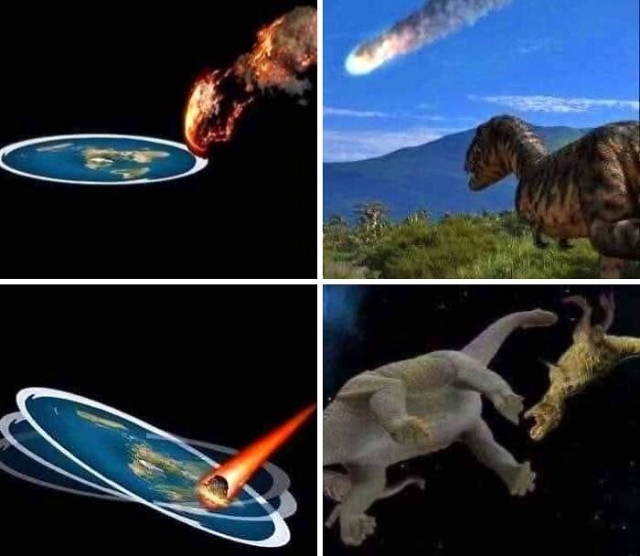 Impact of asteroid on flat Earth concept and dinosaurs, illustrating absurd scientific takes about modern society.