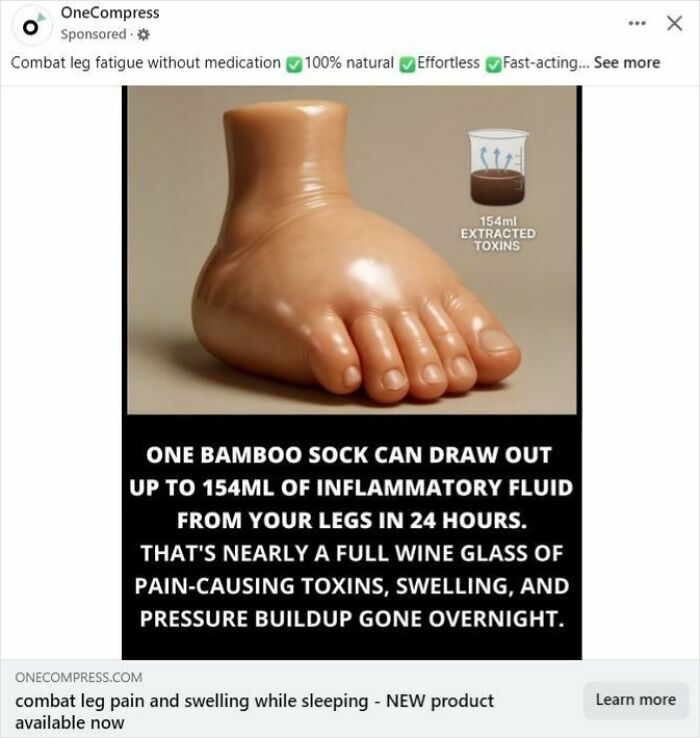 Realistic foot model with text about bamboo socks removing inflammatory fluid, illustrating absurd scientific takes on modern society.