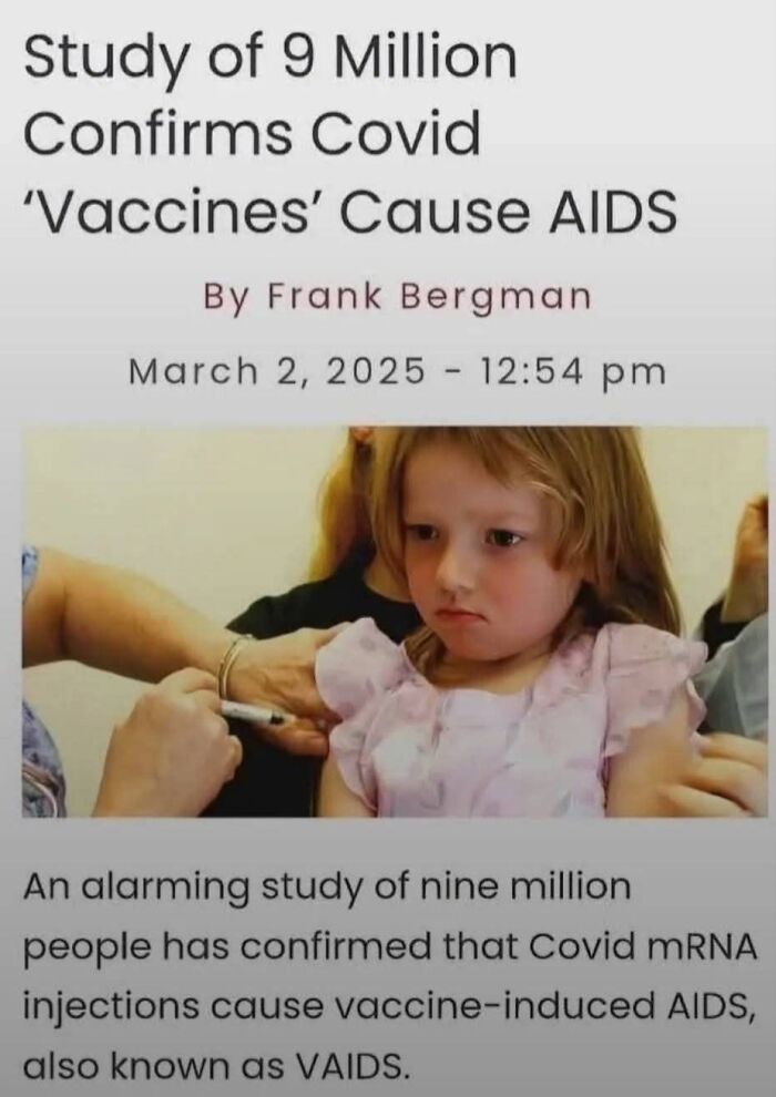 Article claiming Covid vaccines cause AIDS, showing concerned child receiving vaccination, highlighting absurd scientific takes.