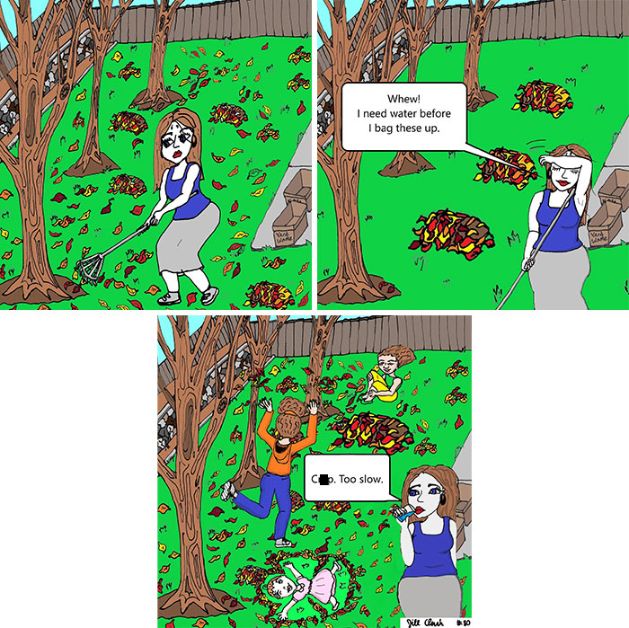 Comic about family life showing a woman raking leaves while children play and disrupt her work outdoors.
