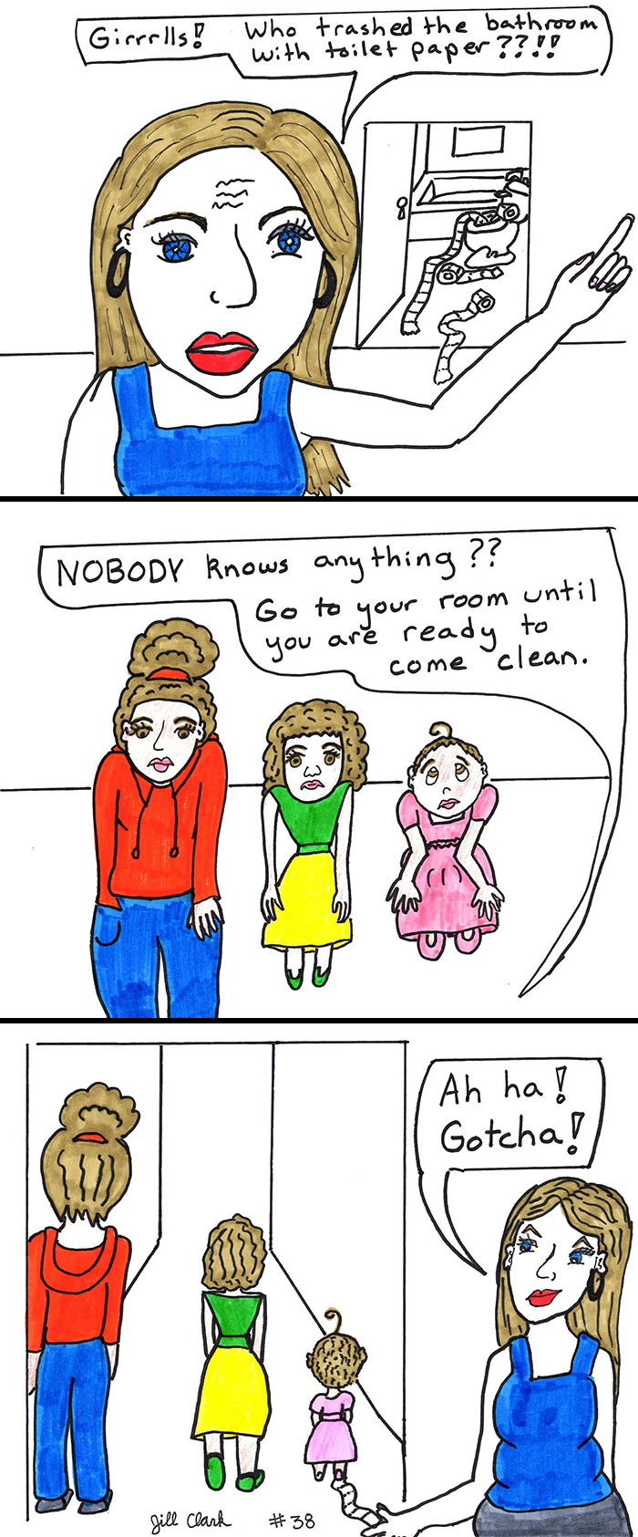 Hand-drawn comic showing a mom accusing kids of trashing the bathroom with toilet paper in family life humor.