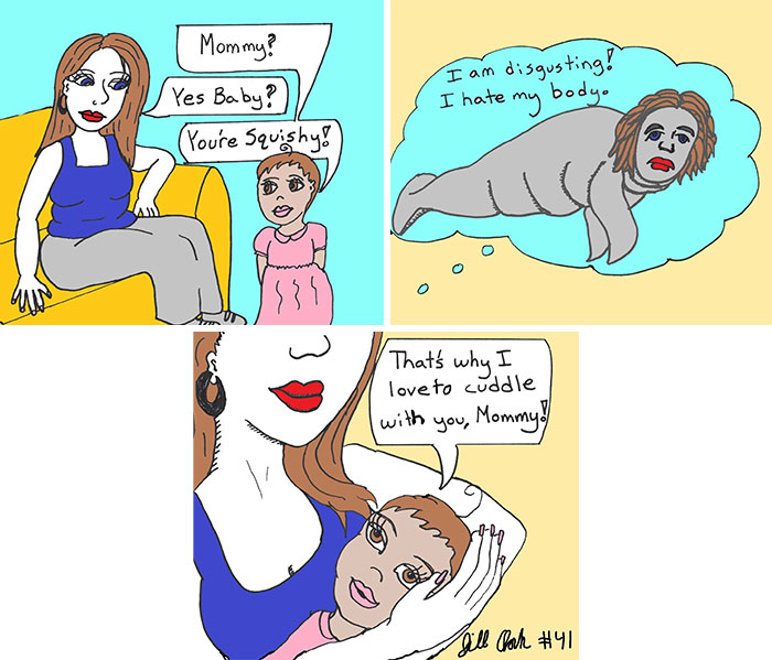 Comic panels showing a relatable family life moment with a child calling mom squishy and offering comfort and cuddles.