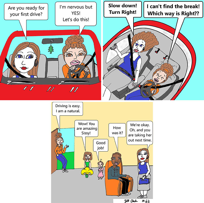 Comic panels showing a family driving lesson with nervous and supportive moments in funny, honest, and relatable family life scenes.