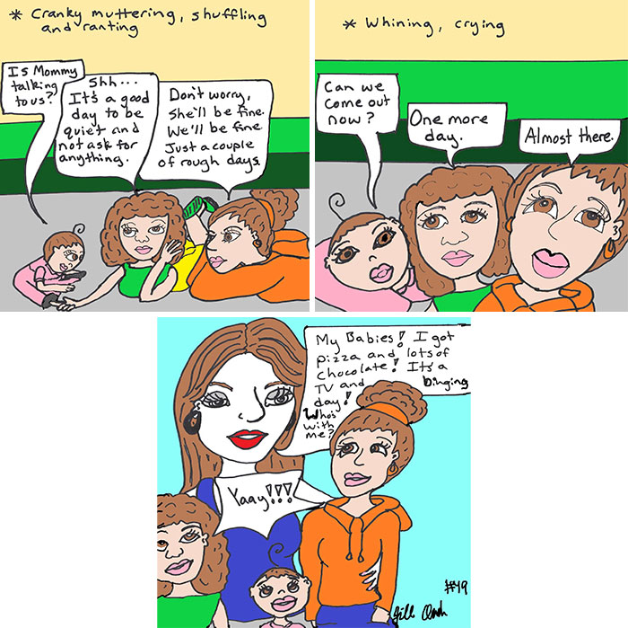 Colorful comic panels showing family life moments with kids and parents dealing with crankiness, whining, and celebration.