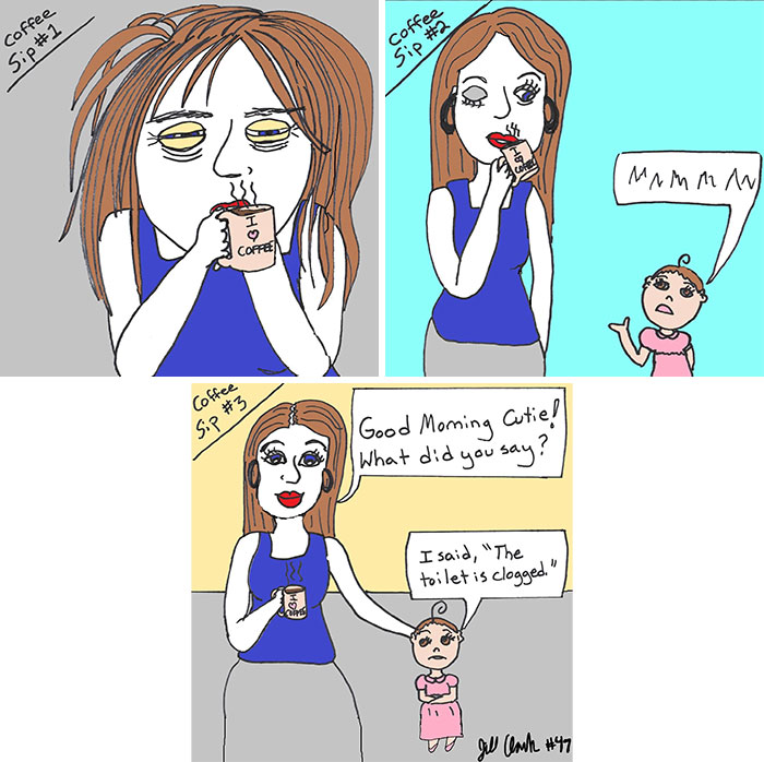 Comic strips showing family life moments with coffee sips and humorous child-parent conversations in a relatable style.