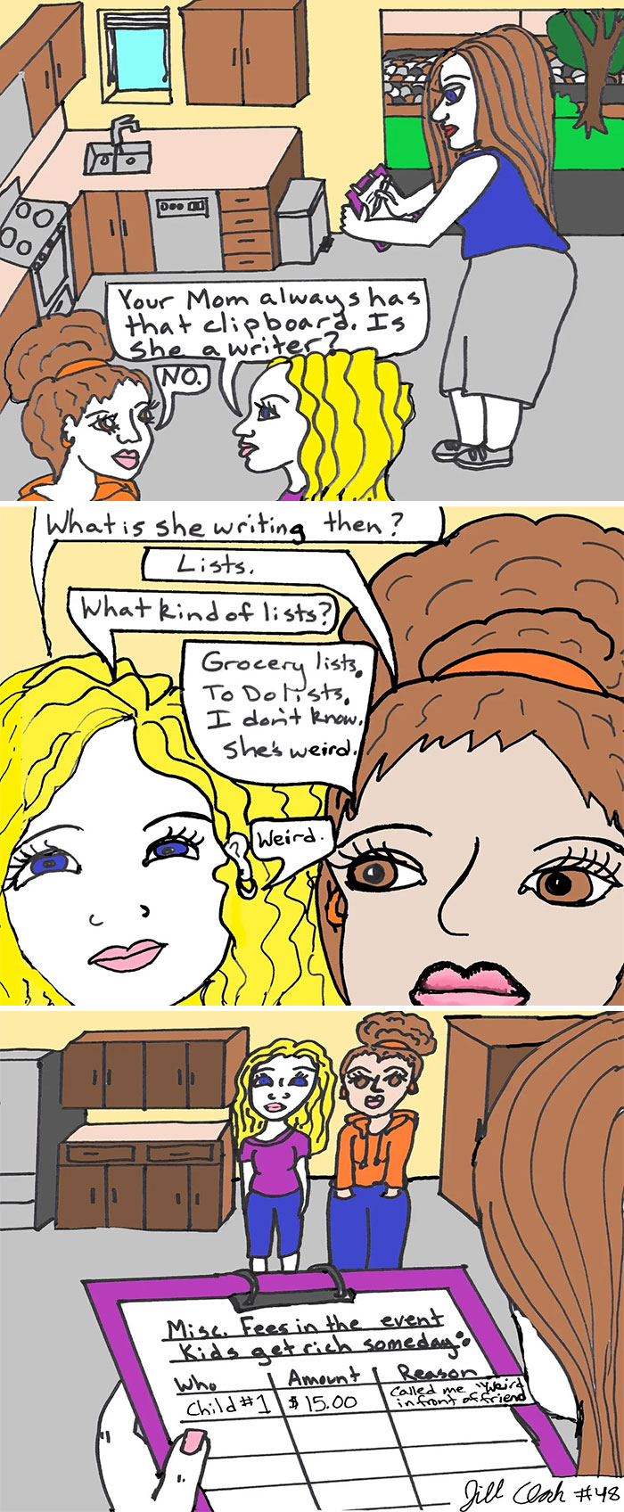 Hand-drawn family life comic showing funny, honest moments with relatable mom and kids in a kitchen setting.