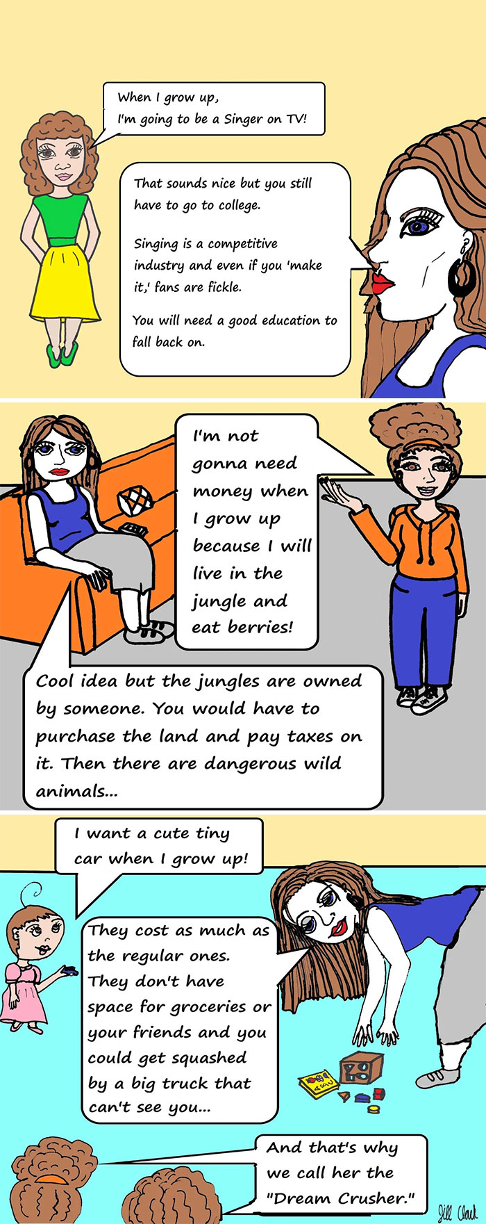 Comic strip about family life showing humorous and relatable conversations between children and adults.