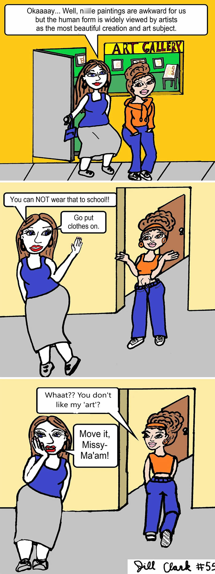 Two women in a comic strip humorously navigating family life with a mother-daughter school dress code conversation.