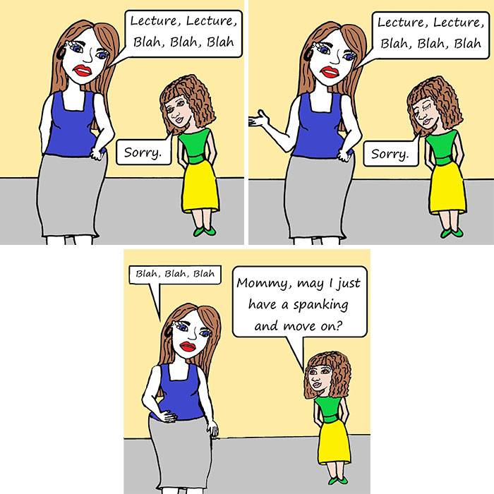 Comic strip showing a mother lecturing her child in a funny and relatable family life moment.